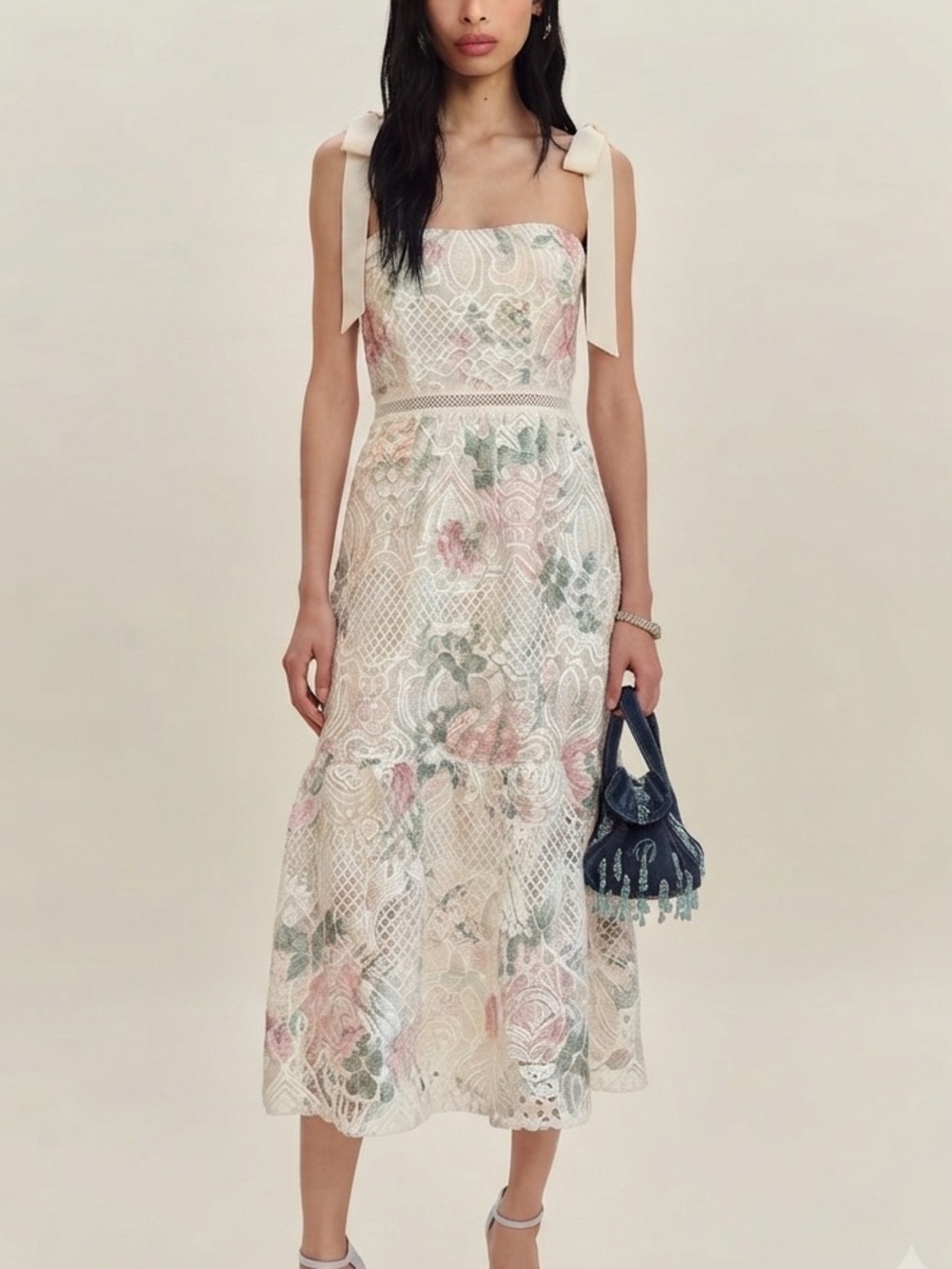 Ivory Floral Lace Midi Dress with Tie Straps